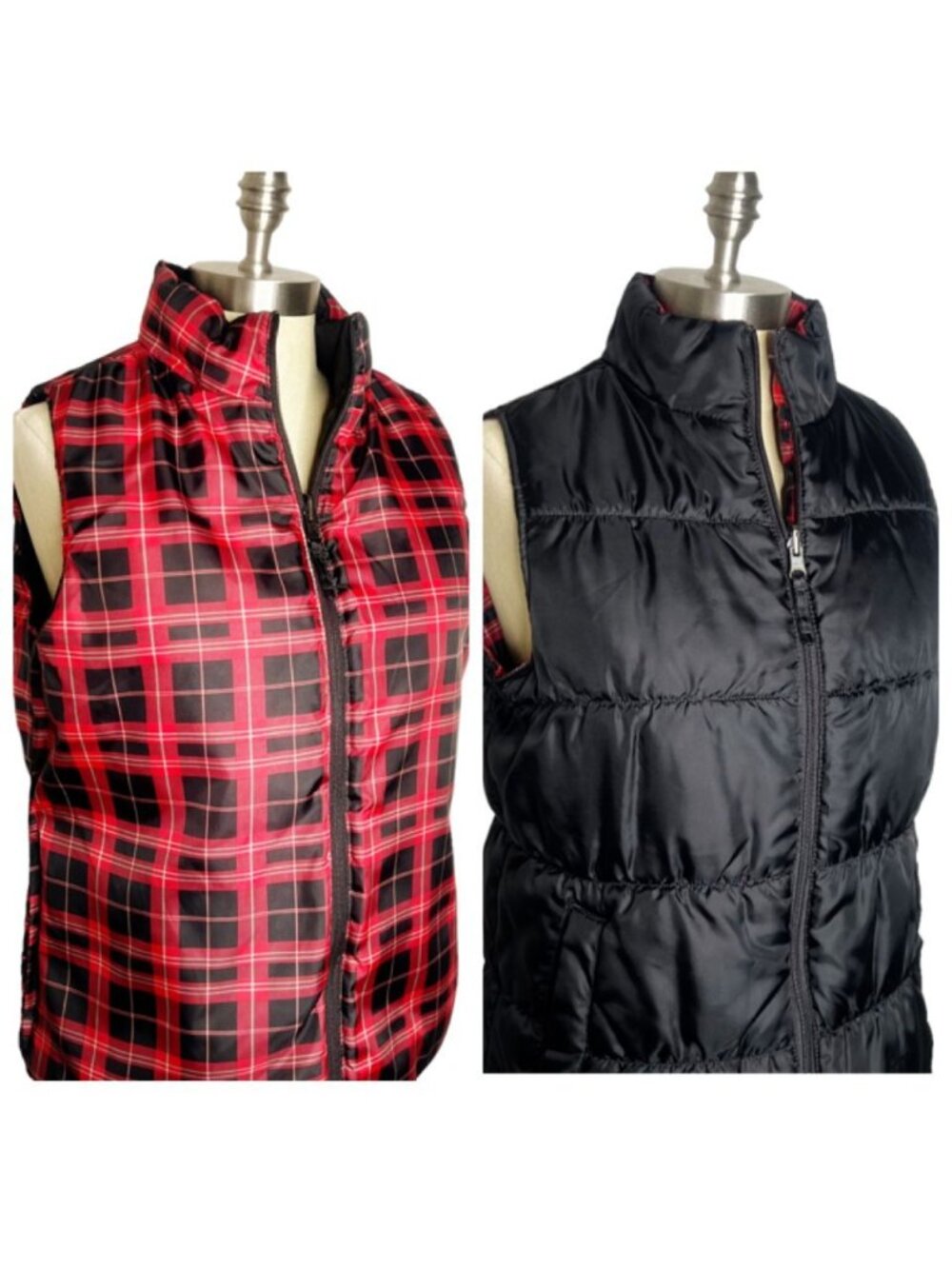 Merona Puffer Vest Womens Size M Reversible Red Tartan Plaid Black Full Zip